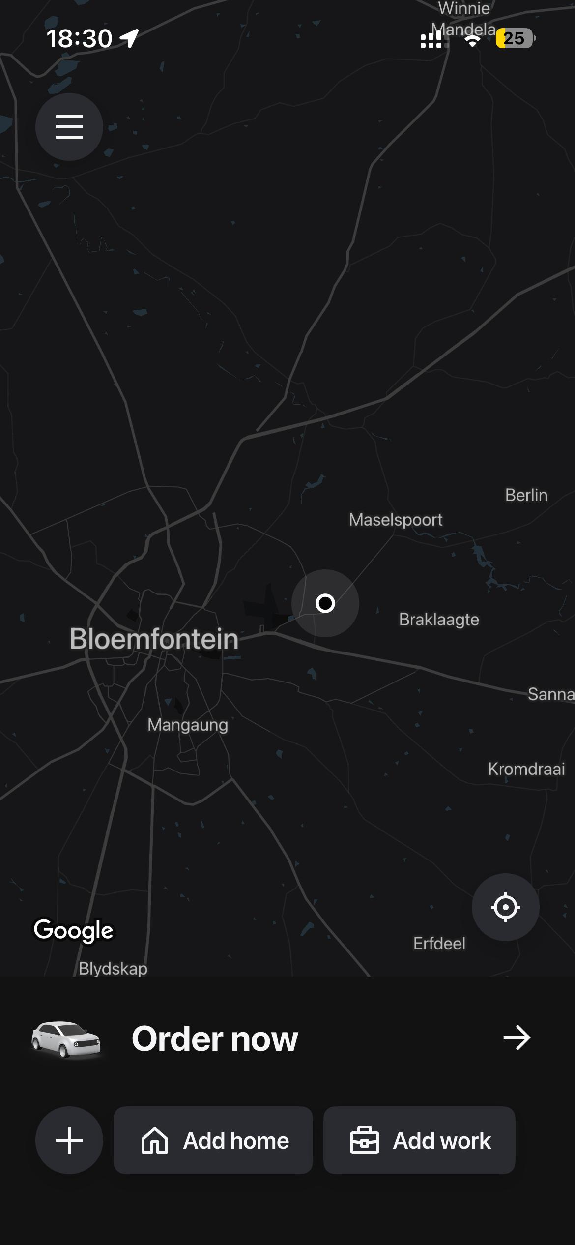 Driva app showing ride ordering in Bloemfontein